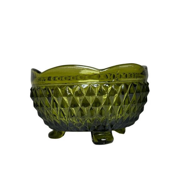 Vintage Indiana Glass Diamond Point Bowl, Avocado Green Footed Candy Dish, Mid-C - Picture 2 of 6
